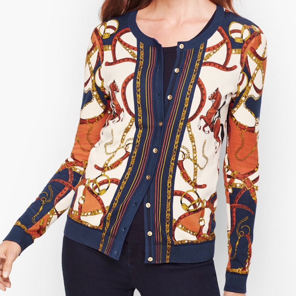 NWT Talbots 1X Equestrian Charming Cardigan Sweater Horses Button-up Stirrups